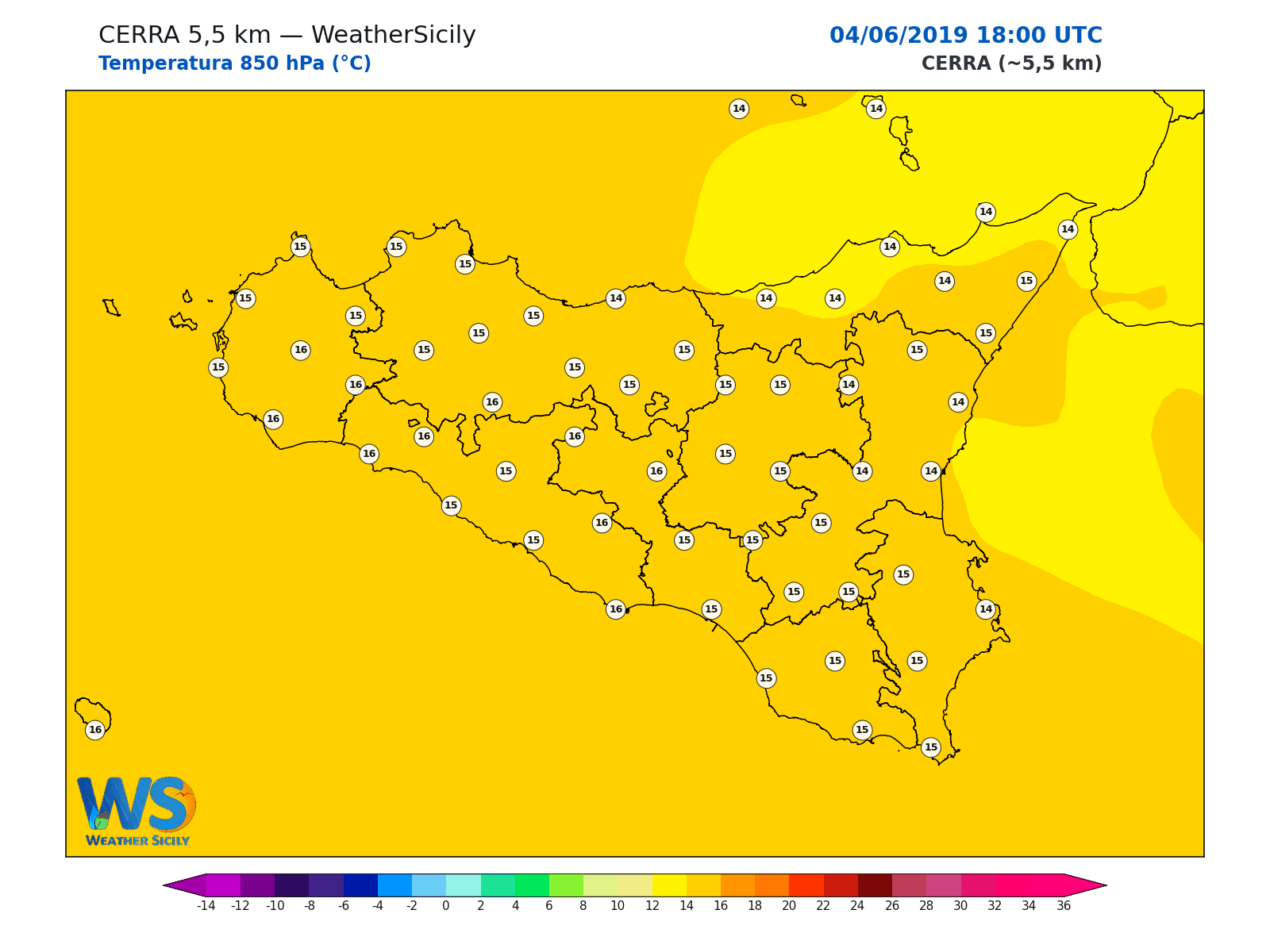 Temperatura a 850 hPa · 2019060418