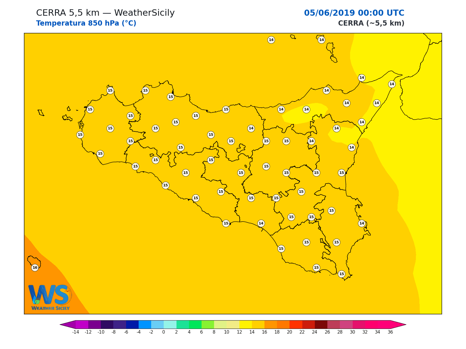 Temperatura a 850 hPa · 2019060500