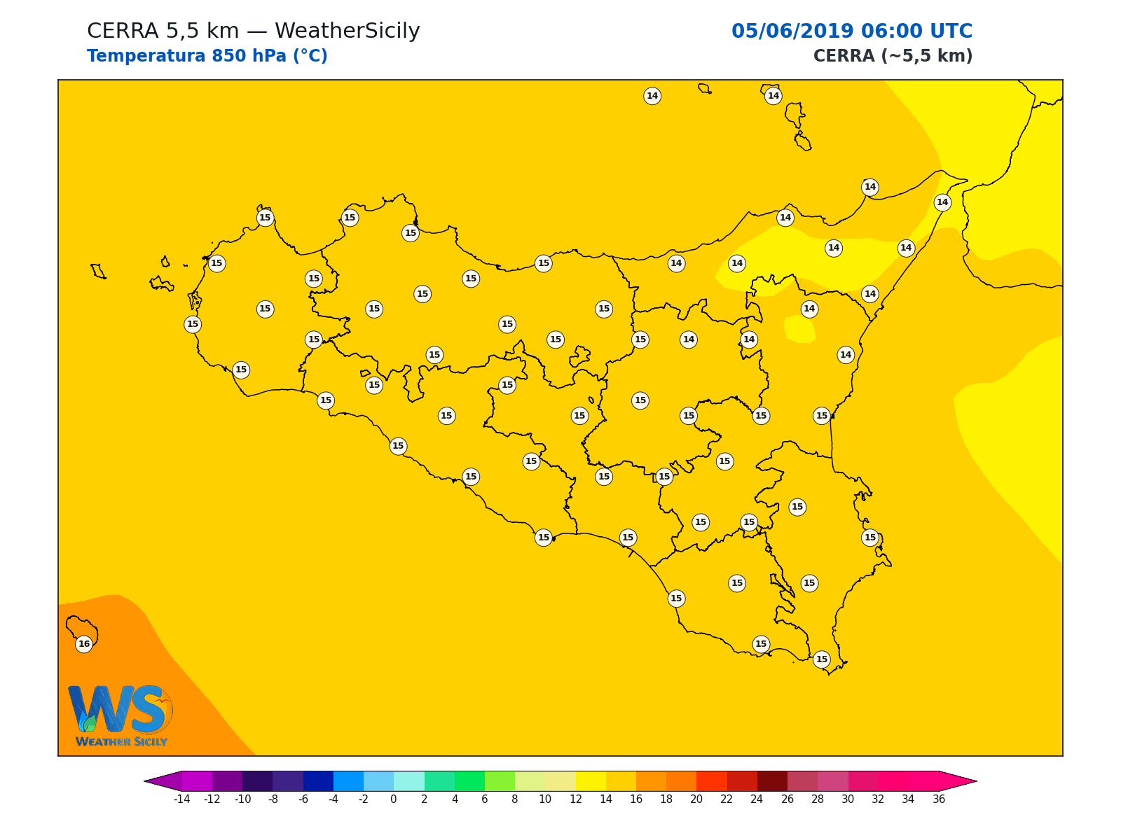 Temperatura a 850 hPa · 2019060506