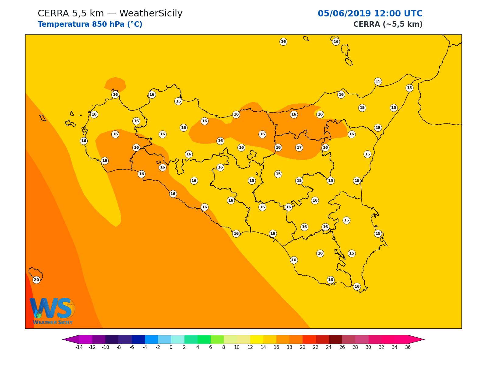 Temperatura a 850 hPa · 2019060512