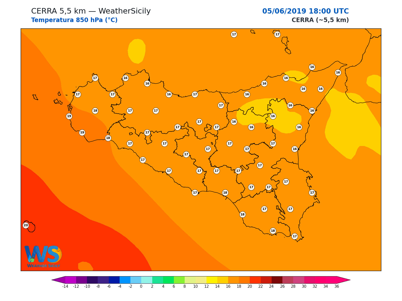 Temperatura a 850 hPa · 2019060518