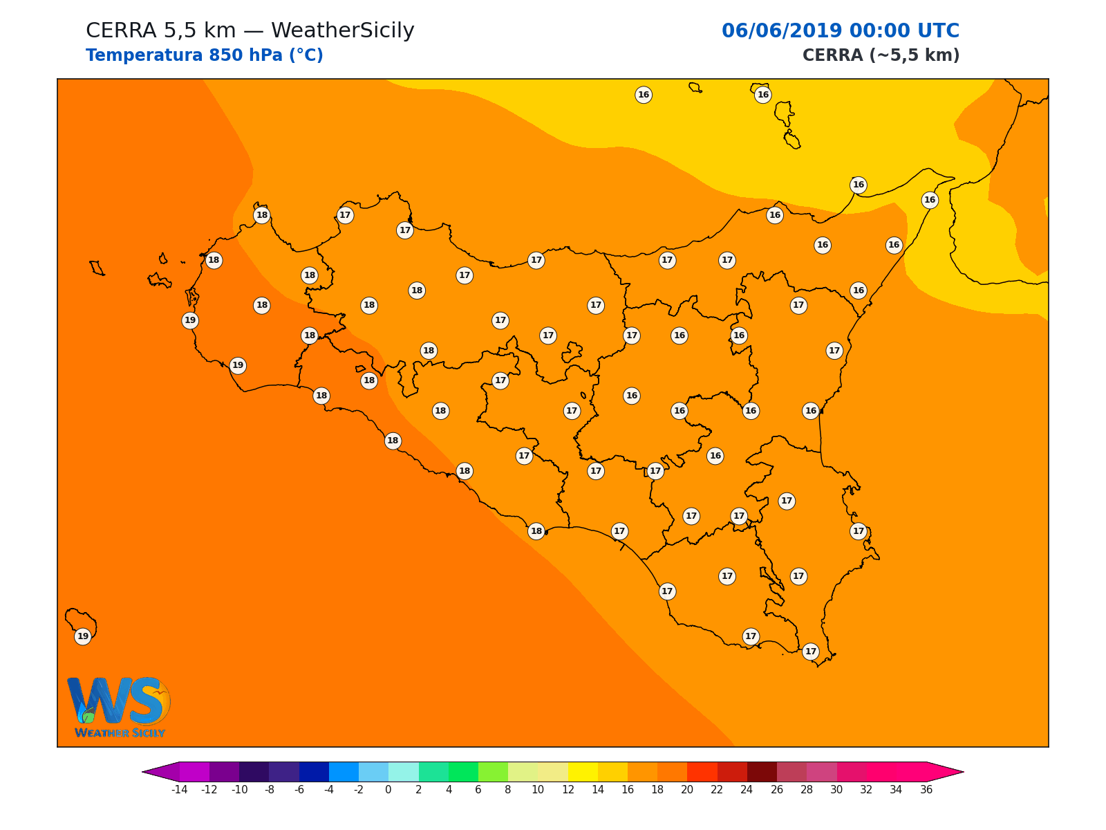 Temperatura a 850 hPa · 2019060600