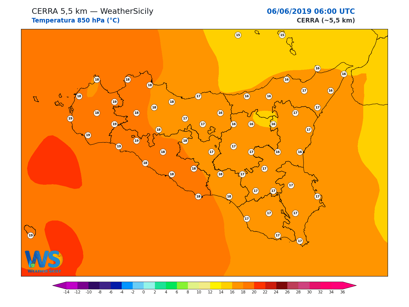 Temperatura a 850 hPa · 2019060606