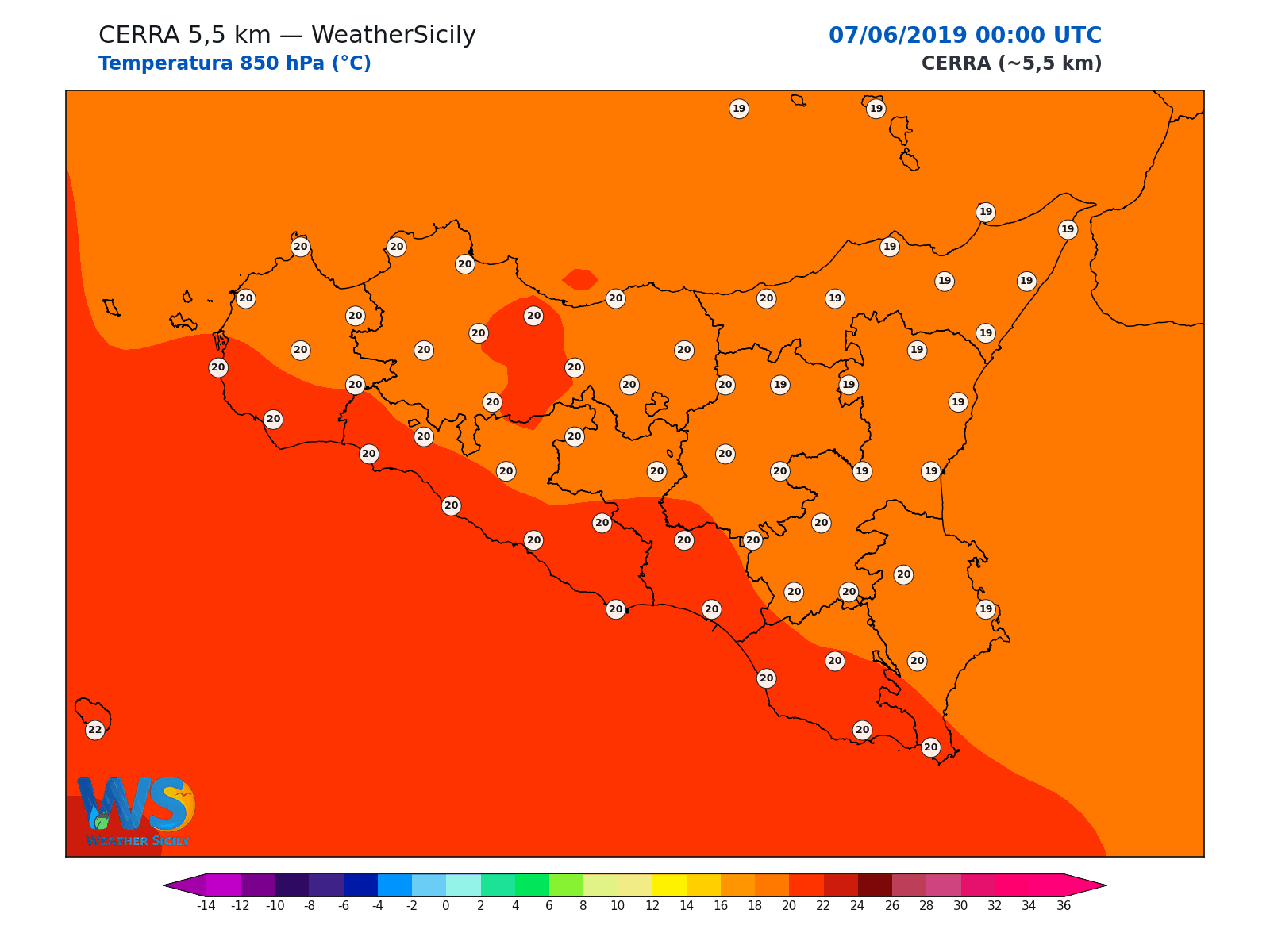 Temperatura a 850 hPa · 2019060700