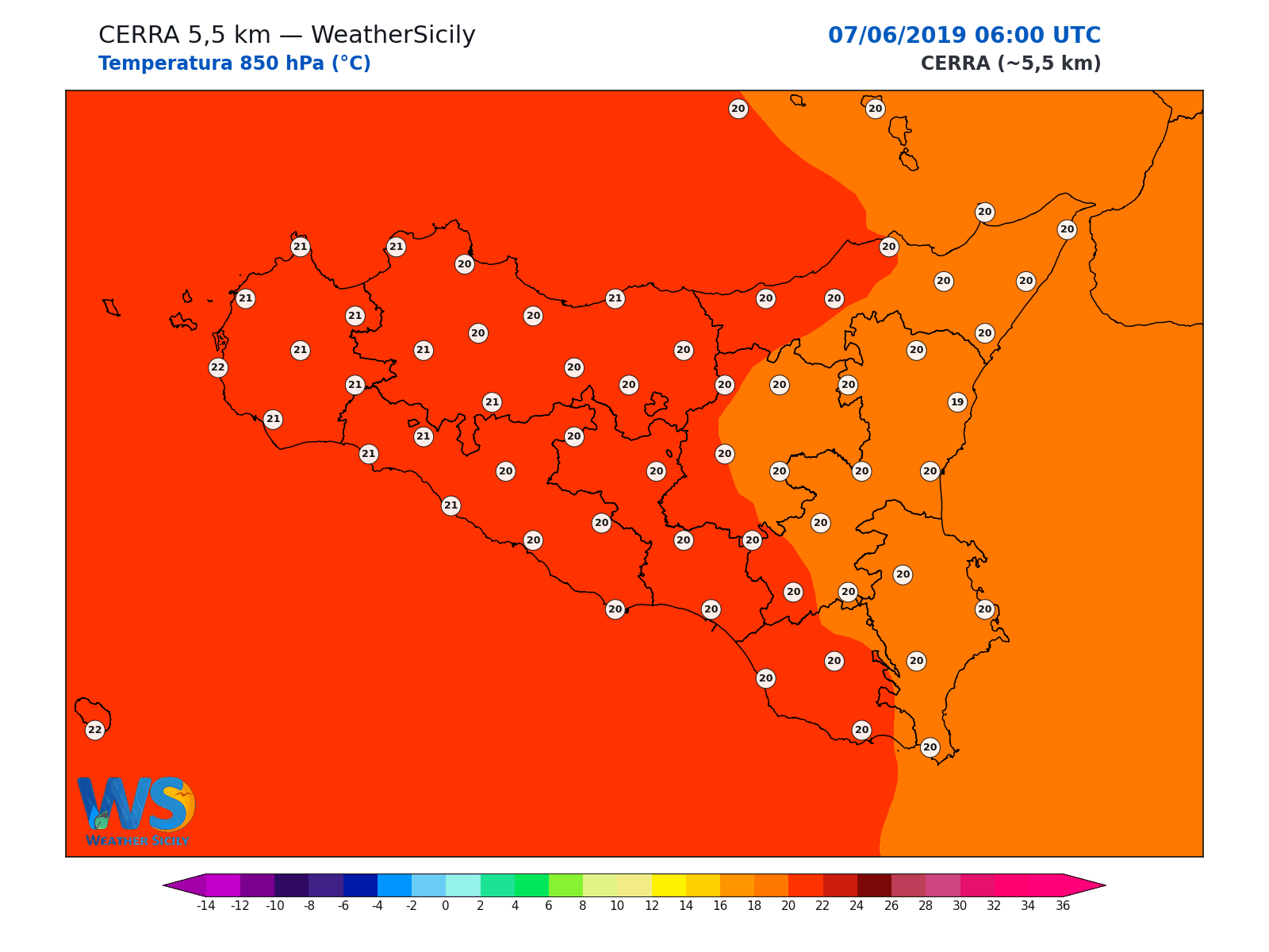 Temperatura a 850 hPa · 2019060706