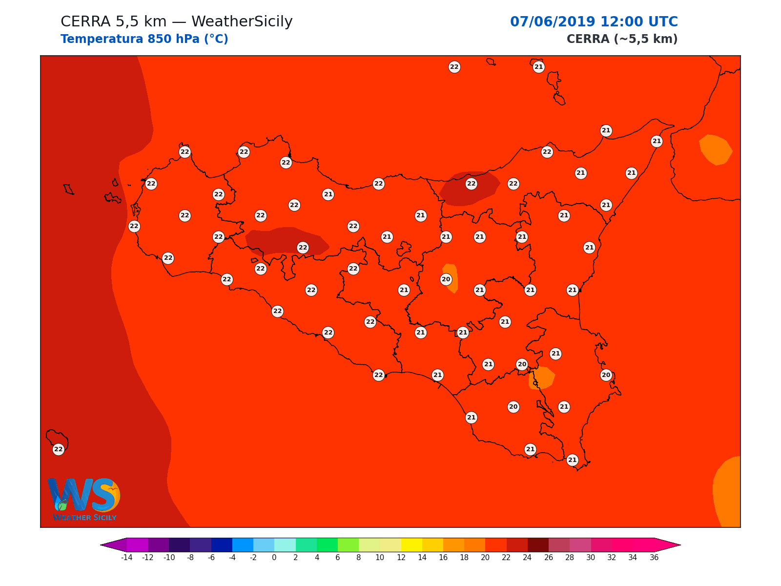 Temperatura a 850 hPa · 2019060712