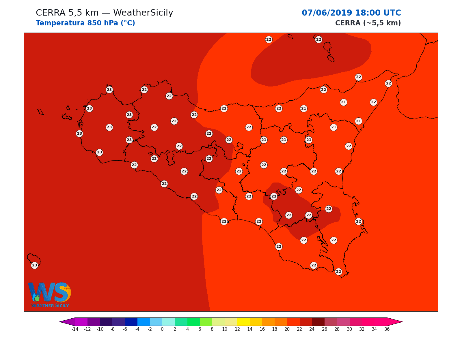 Temperatura a 850 hPa · 2019060718