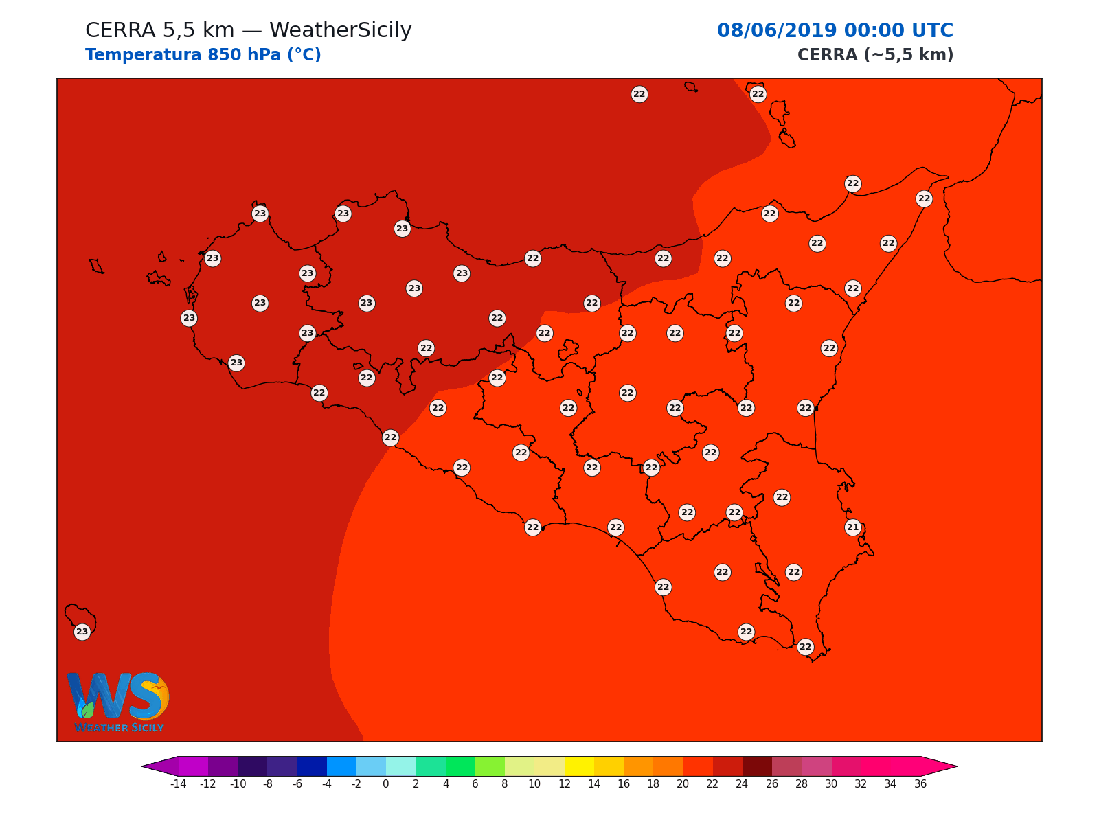 Temperatura a 850 hPa · 2019060800