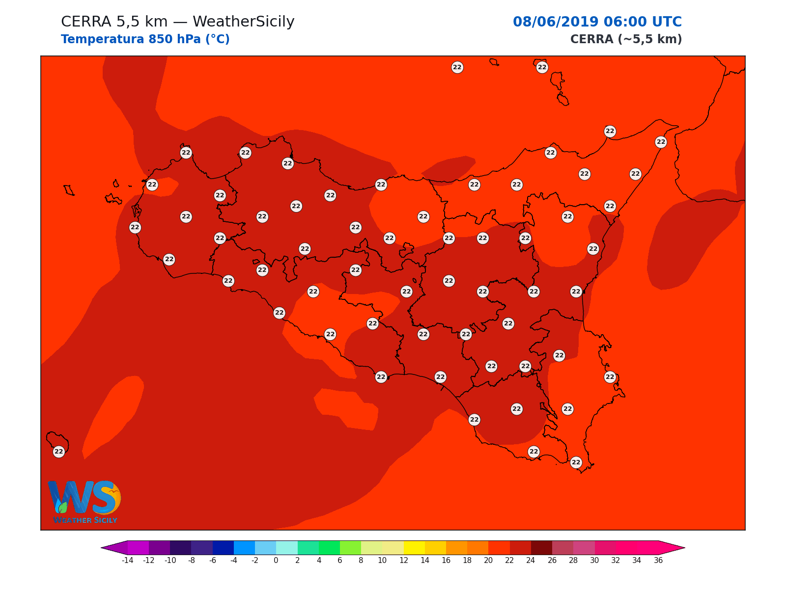 Temperatura a 850 hPa · 2019060806