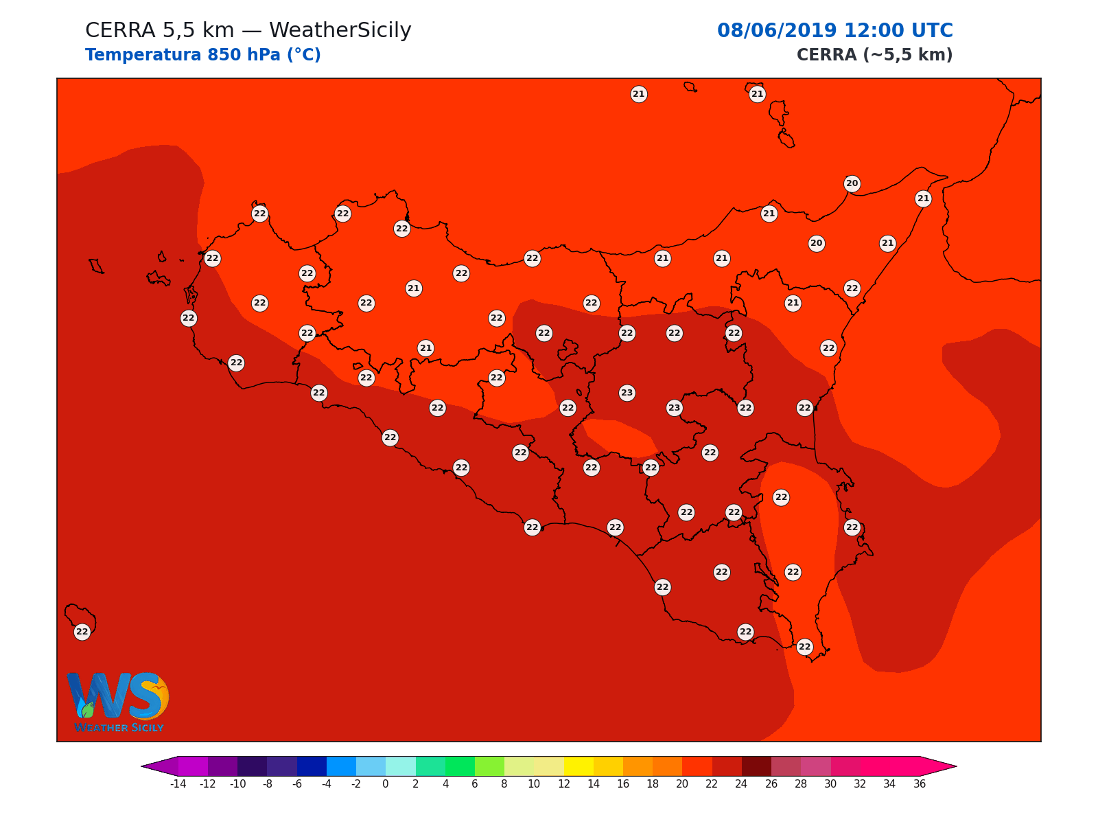 Temperatura a 850 hPa · 2019060812