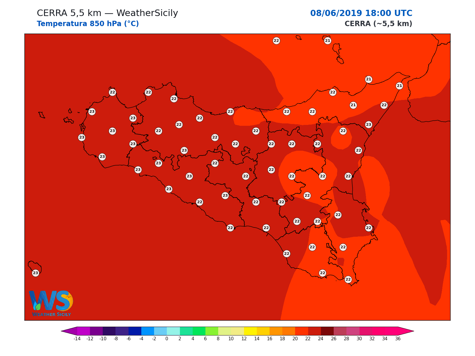 Temperatura a 850 hPa · 2019060818