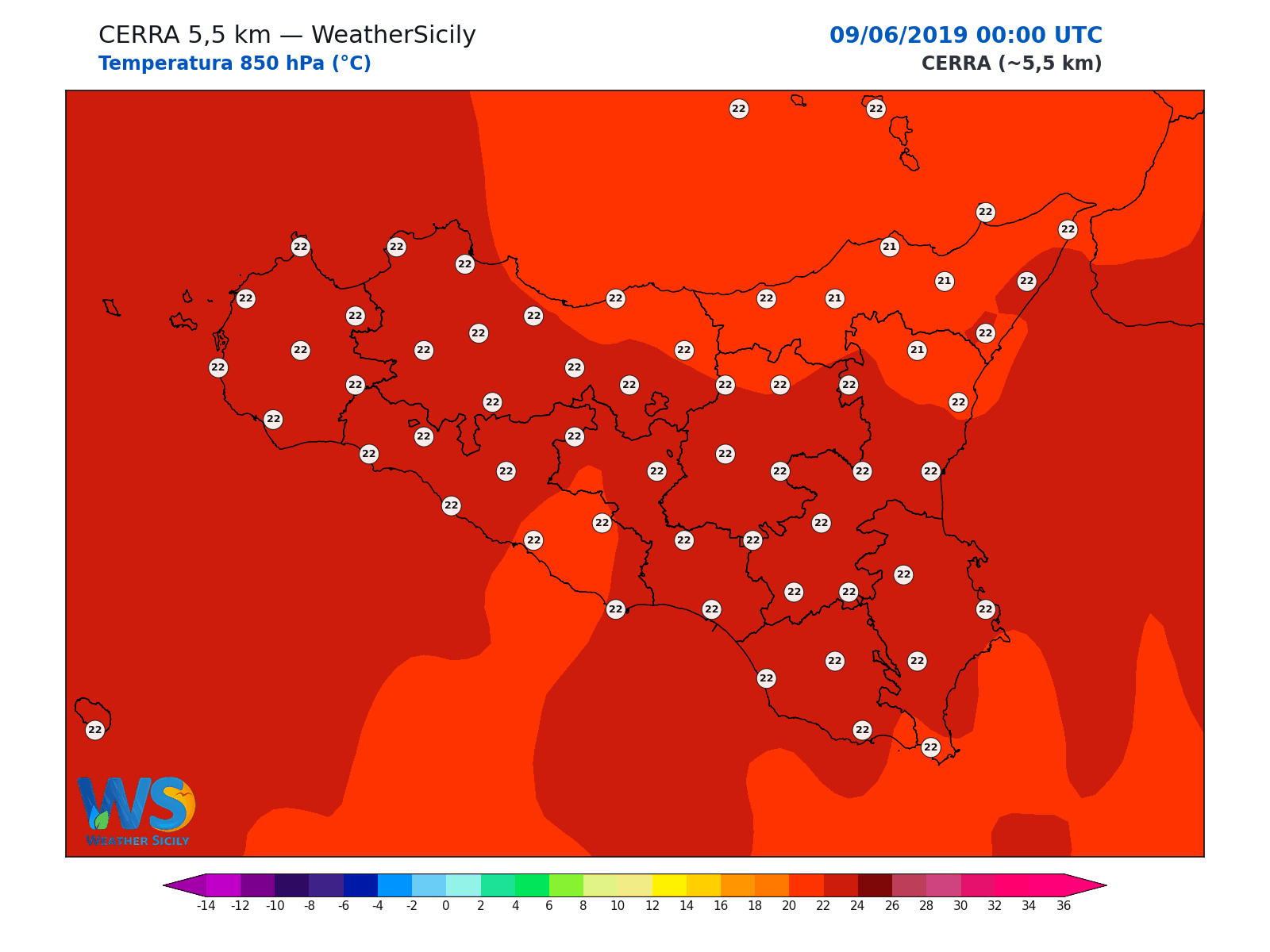 Temperatura a 850 hPa · 2019060900