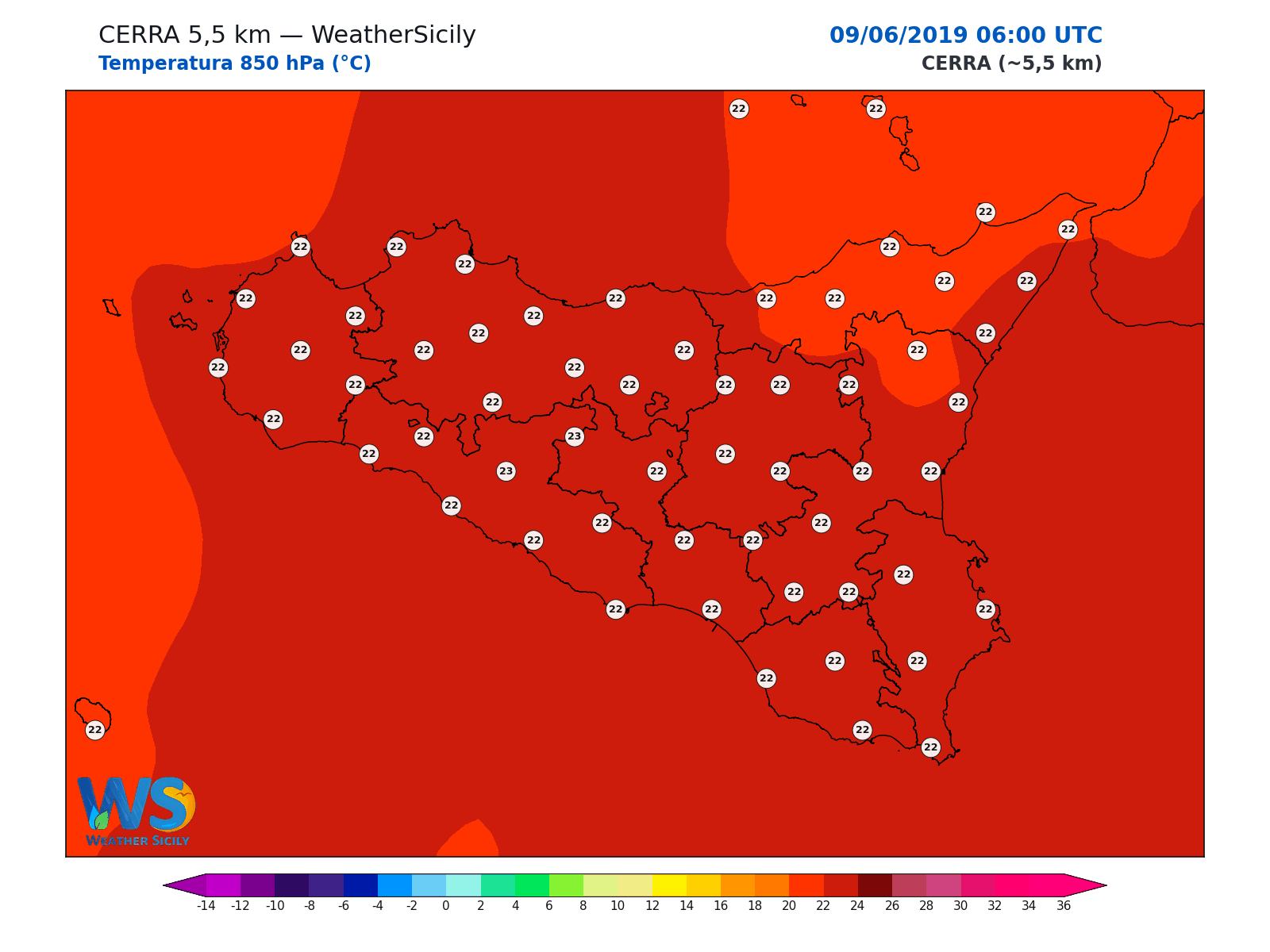 Temperatura a 850 hPa · 2019060906