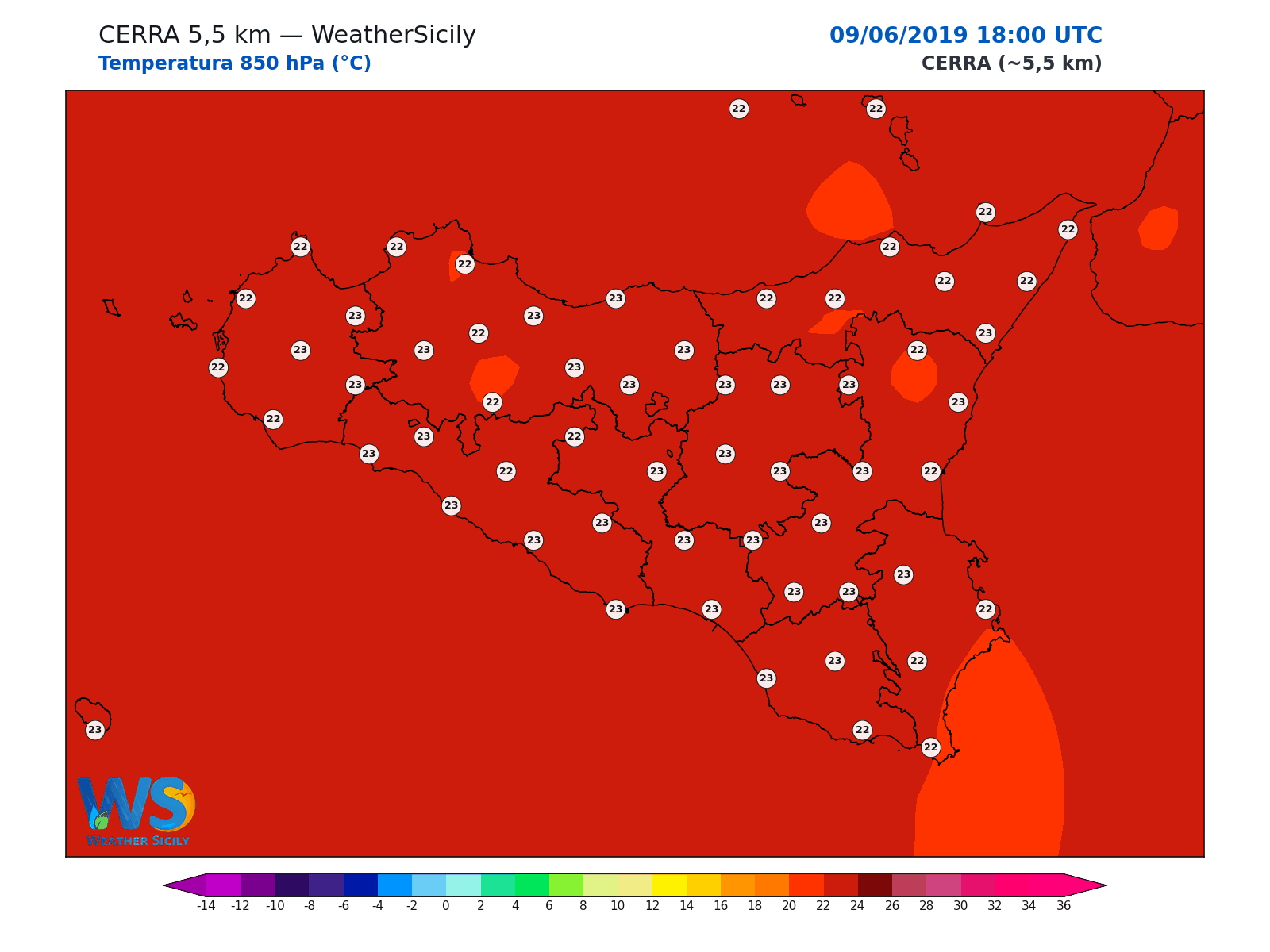 Temperatura a 850 hPa · 2019060918