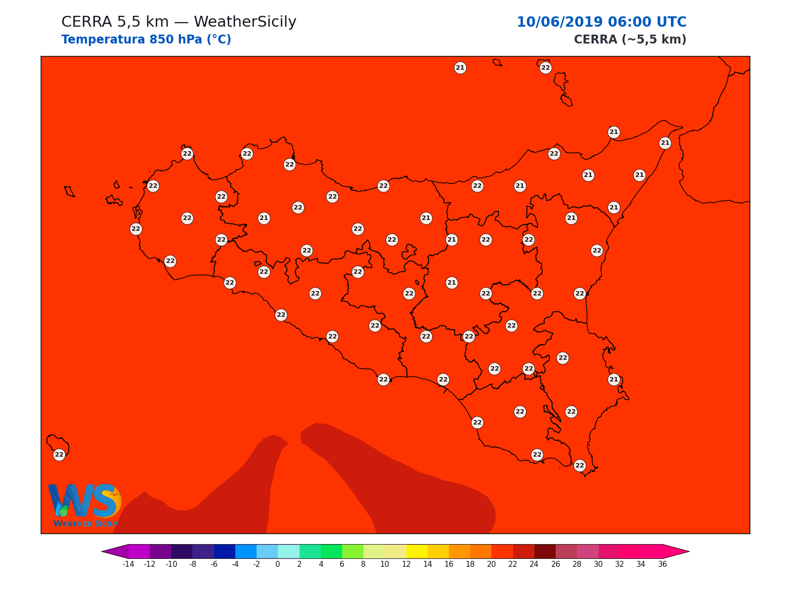 Temperatura a 850 hPa · 2019061006