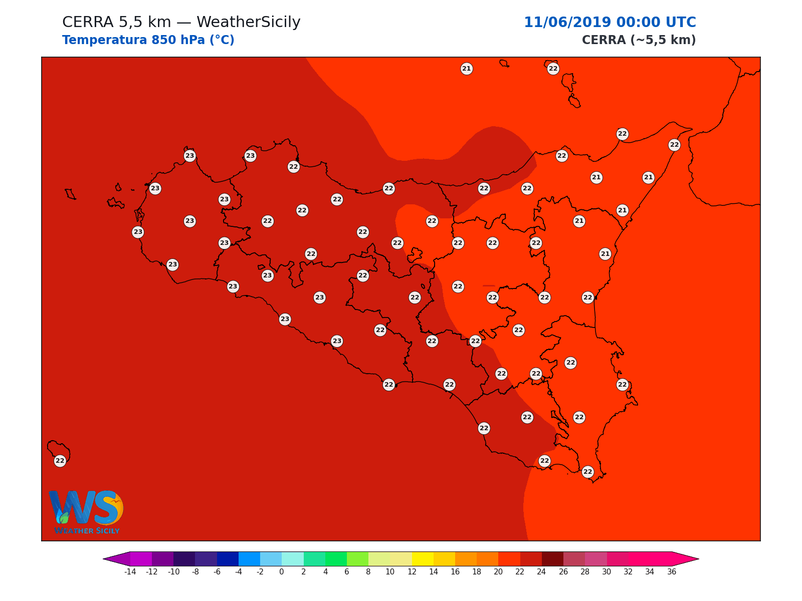 Temperatura a 850 hPa · 2019061100