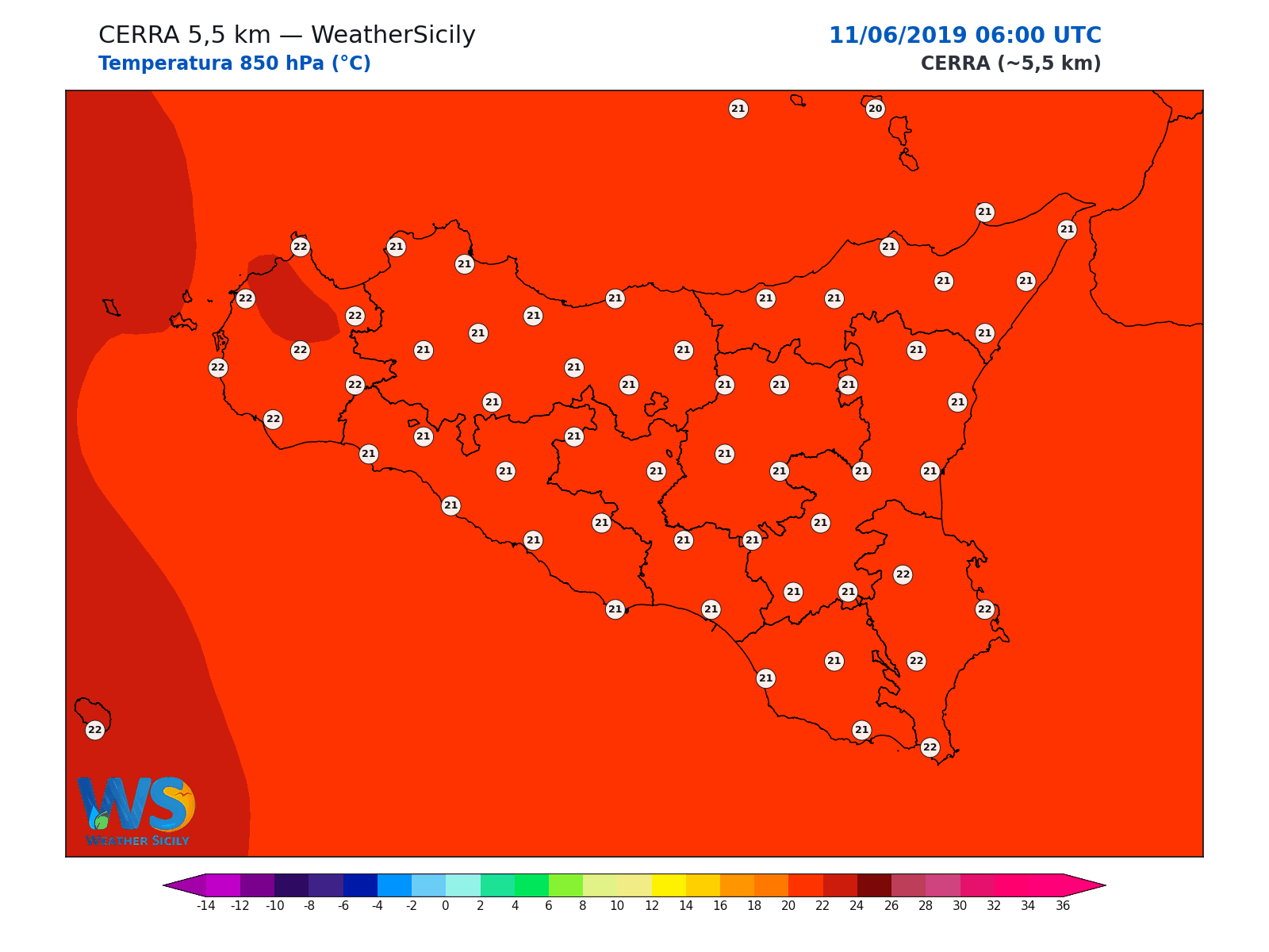 Temperatura a 850 hPa · 2019061106