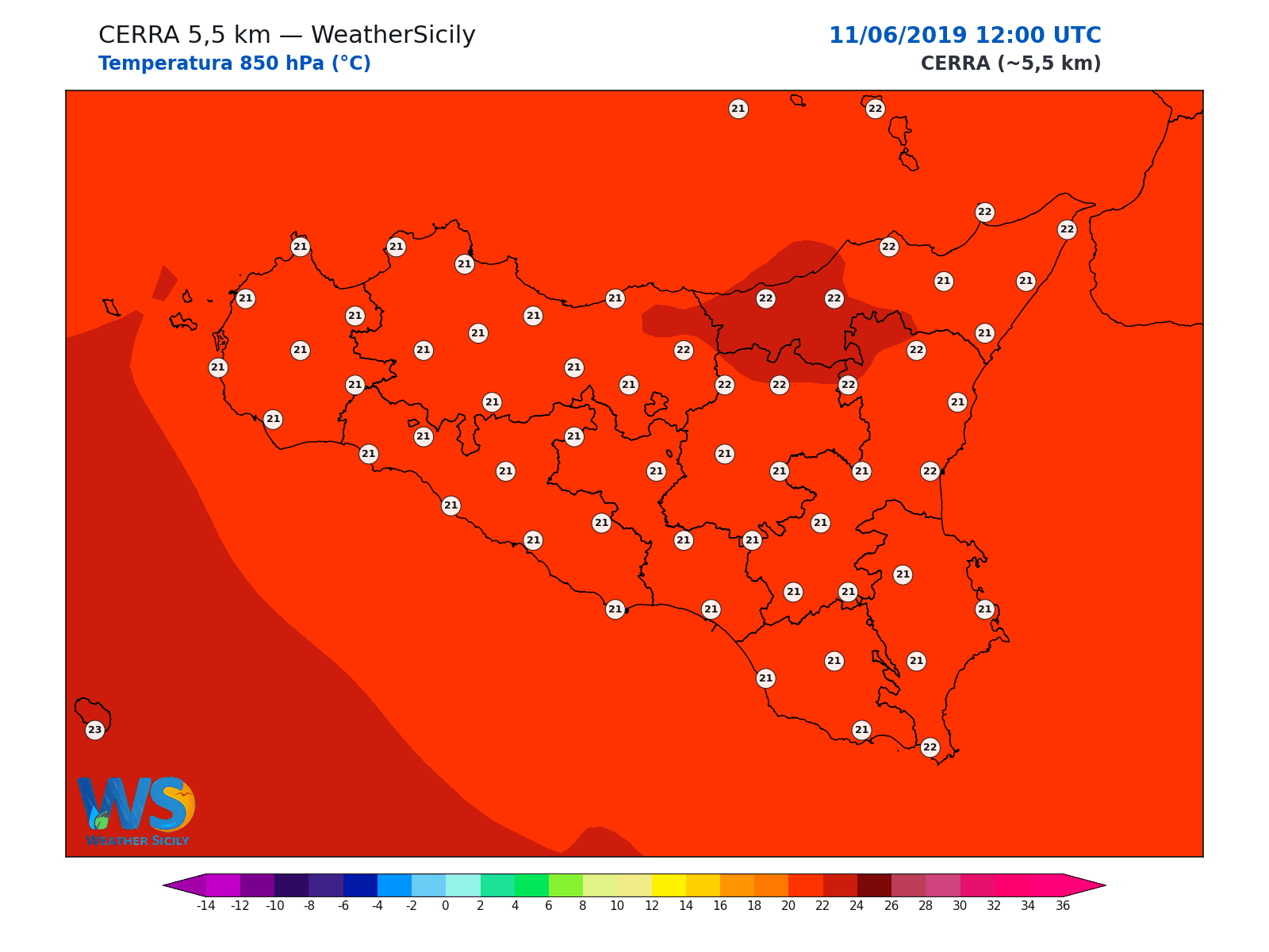 Temperatura a 850 hPa · 2019061112