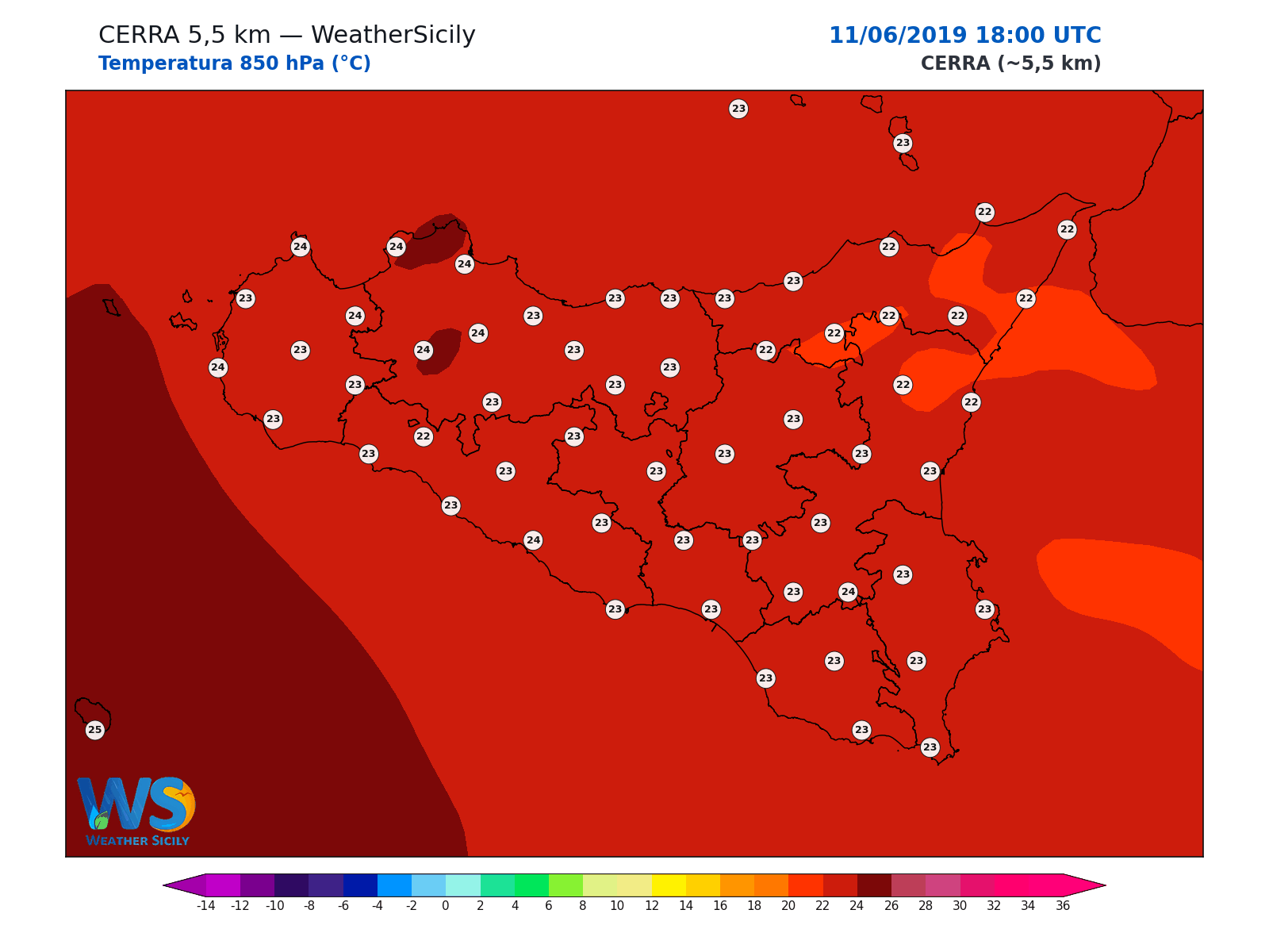 Temperatura a 850 hPa · 2019061118