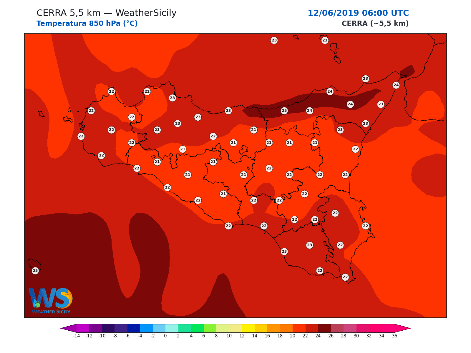 Temperatura a 850 hPa · 2019061206