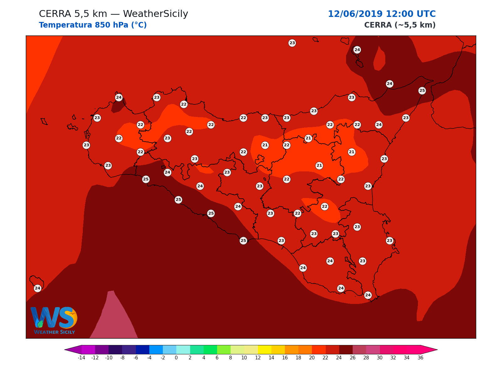 Temperatura a 850 hPa · 2019061212
