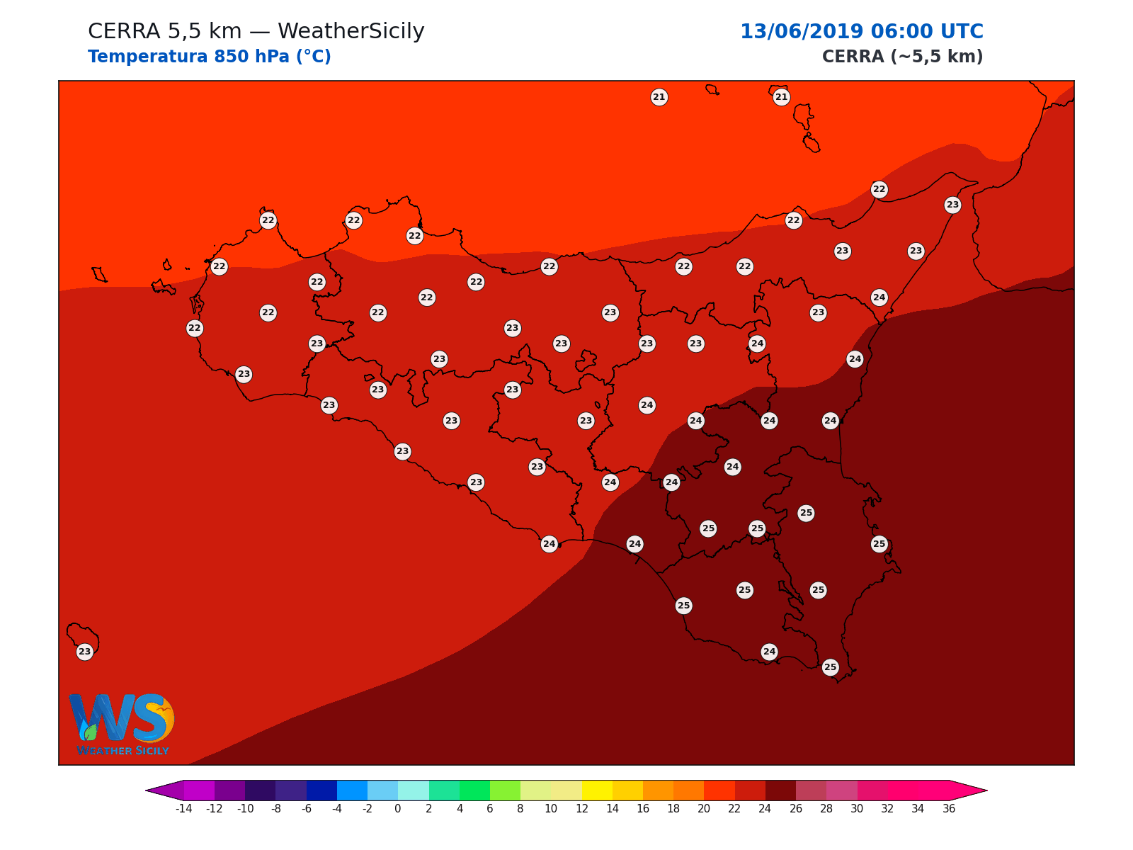 Temperatura a 850 hPa · 2019061306