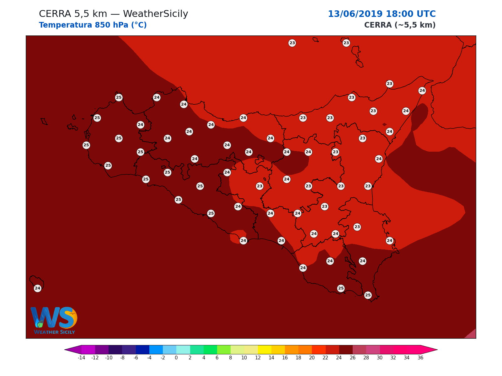 Temperatura a 850 hPa · 2019061318