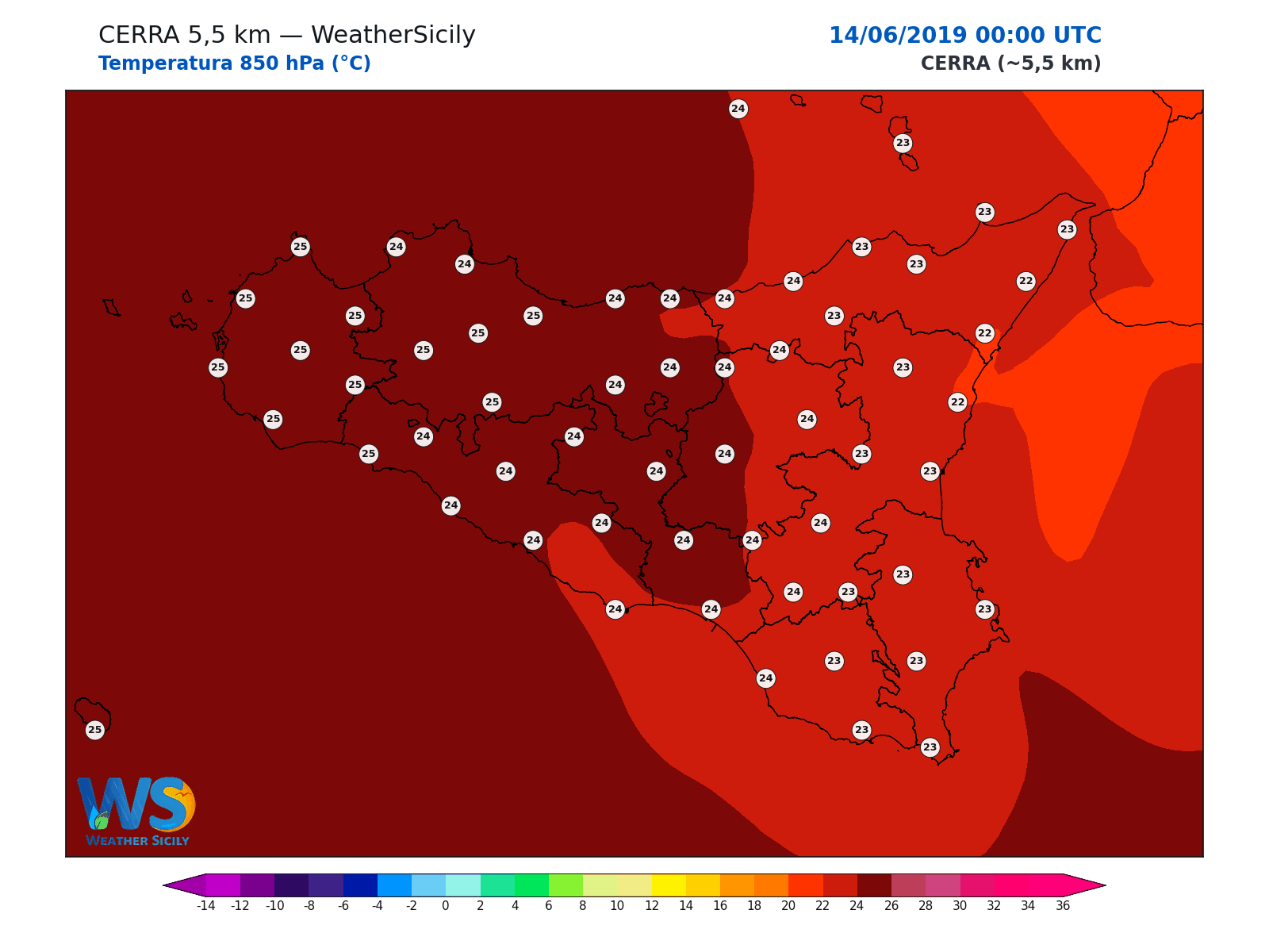 Temperatura a 850 hPa · 2019061400