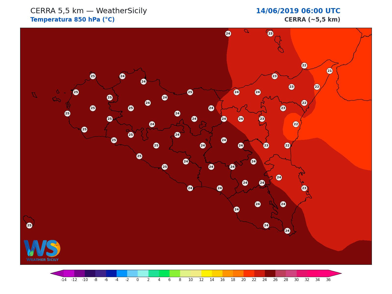 Temperatura a 850 hPa · 2019061406