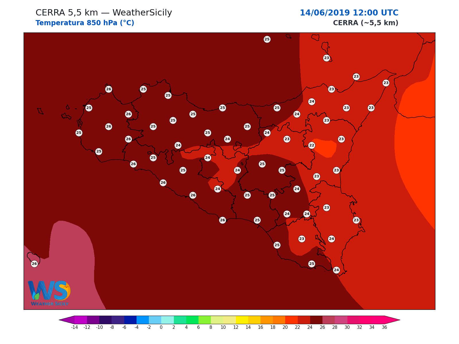 Temperatura a 850 hPa · 2019061412