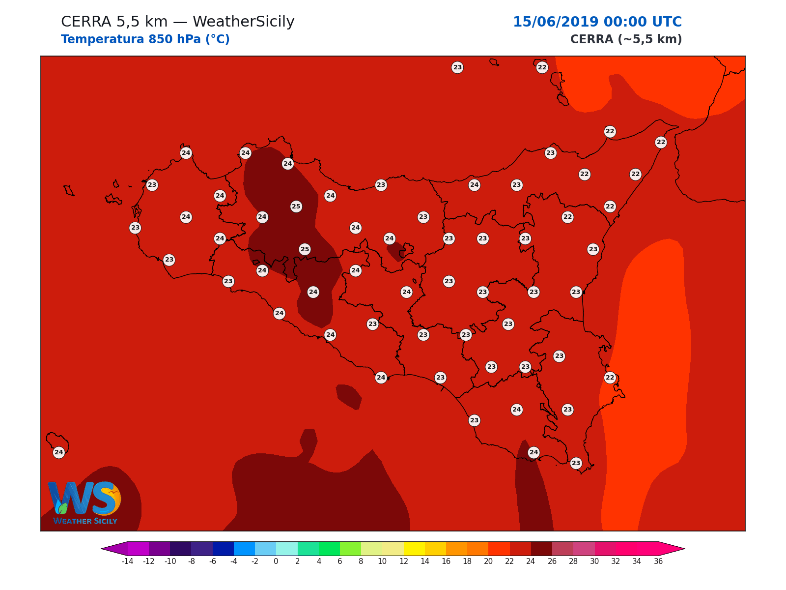 Temperatura a 850 hPa · 2019061500