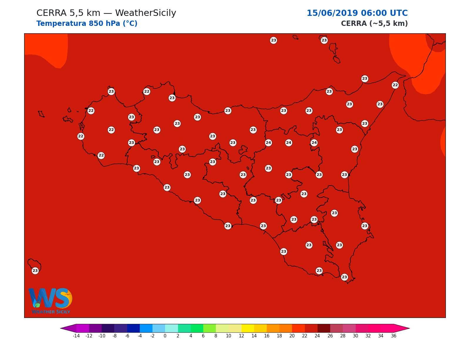 Temperatura a 850 hPa · 2019061506