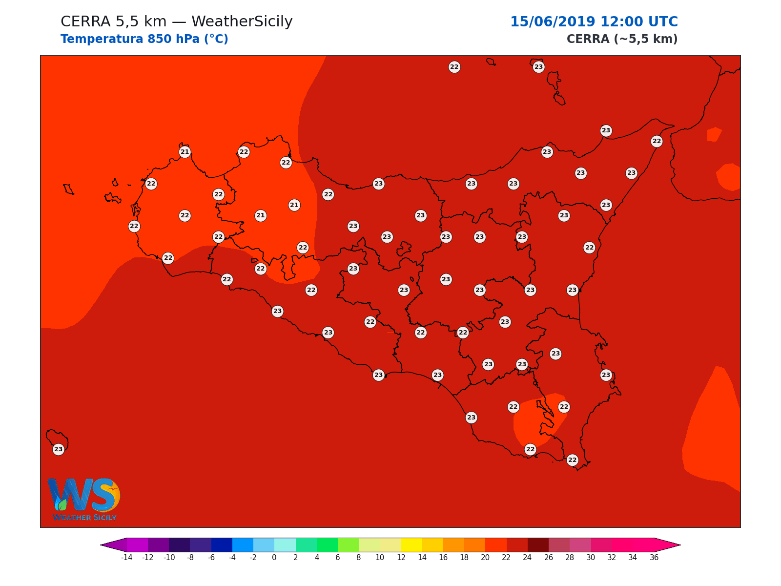 Temperatura a 850 hPa · 2019061512