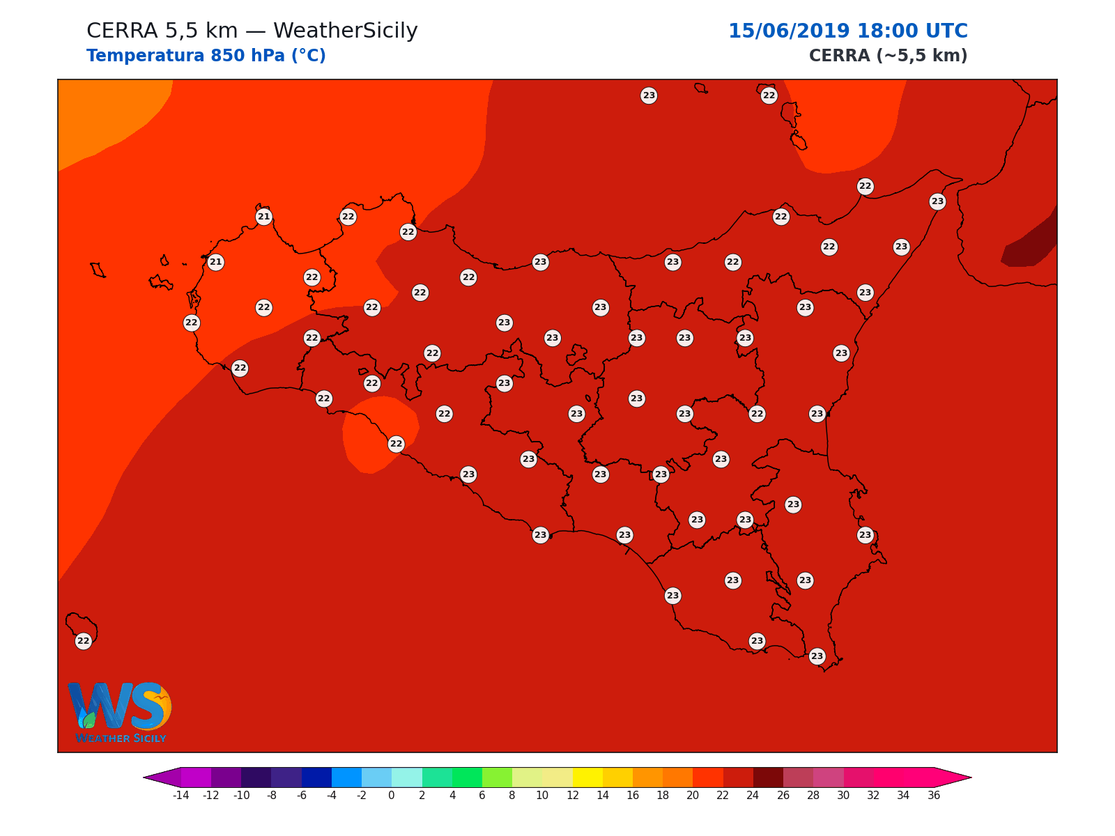 Temperatura a 850 hPa · 2019061518