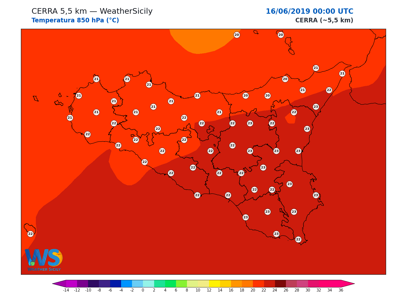 Temperatura a 850 hPa · 2019061600