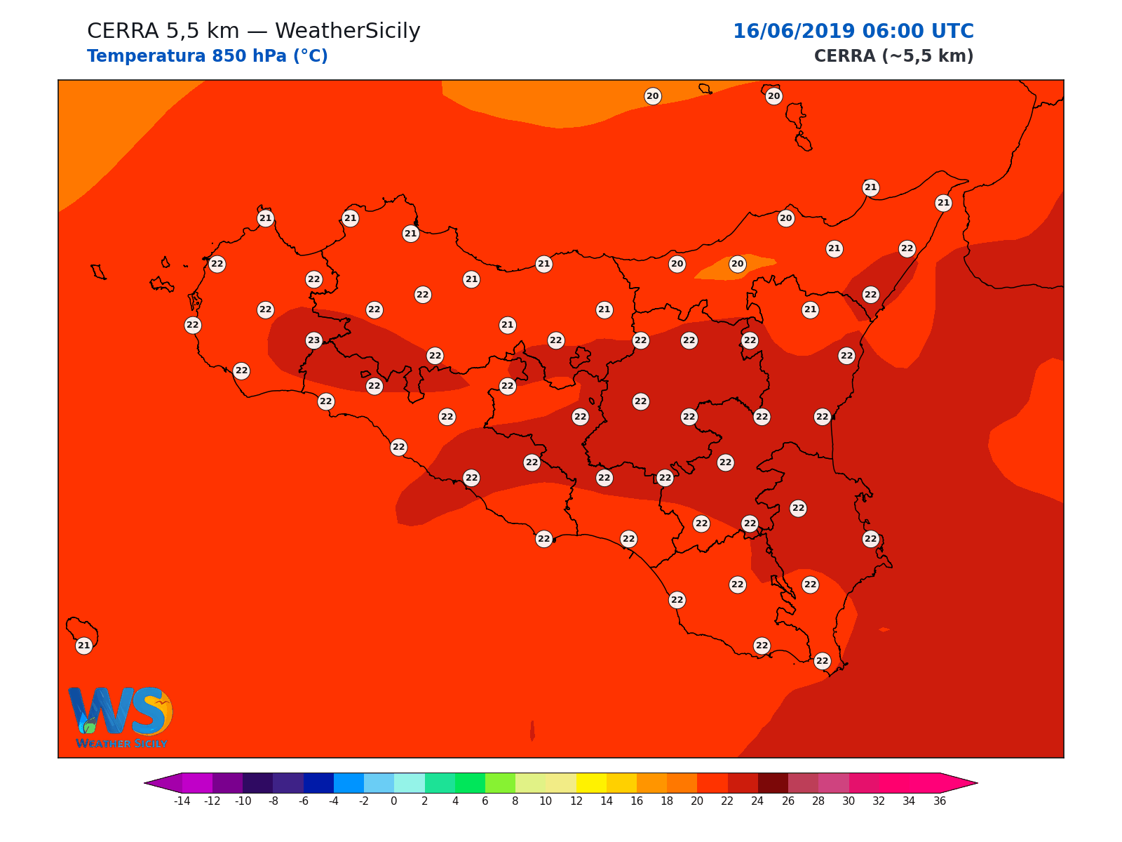 Temperatura a 850 hPa · 2019061606