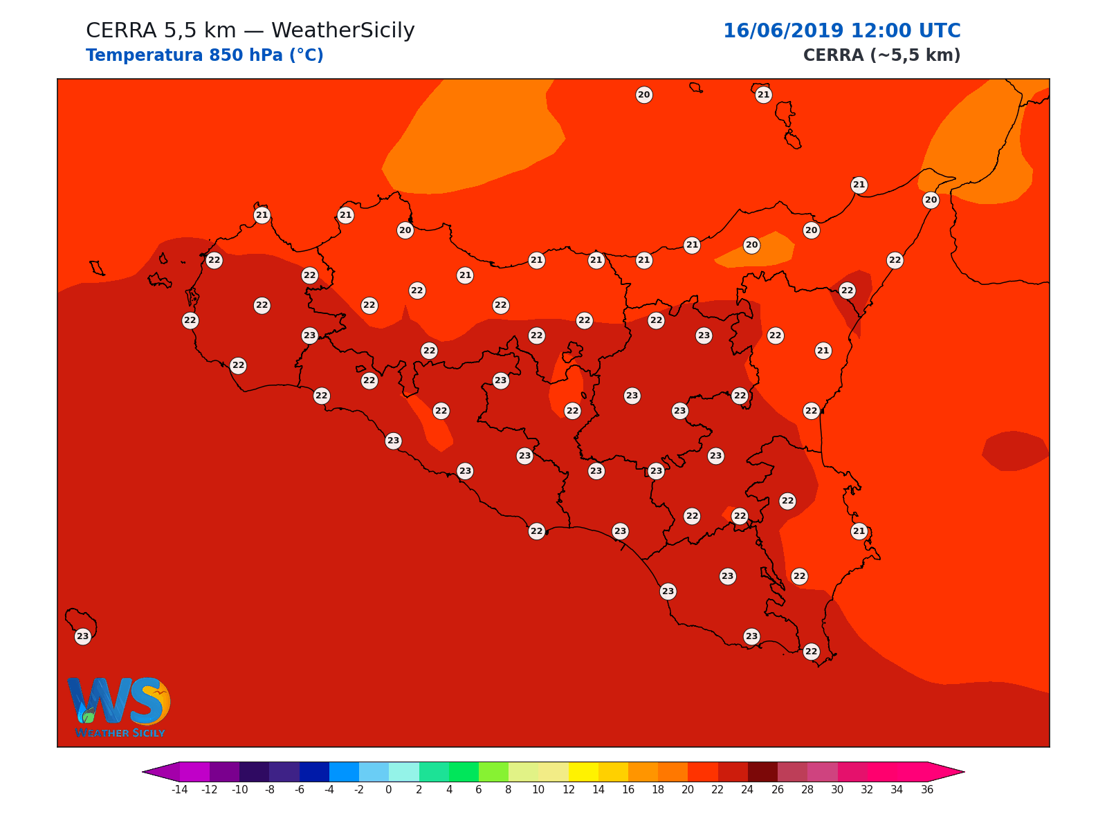 Temperatura a 850 hPa · 2019061612