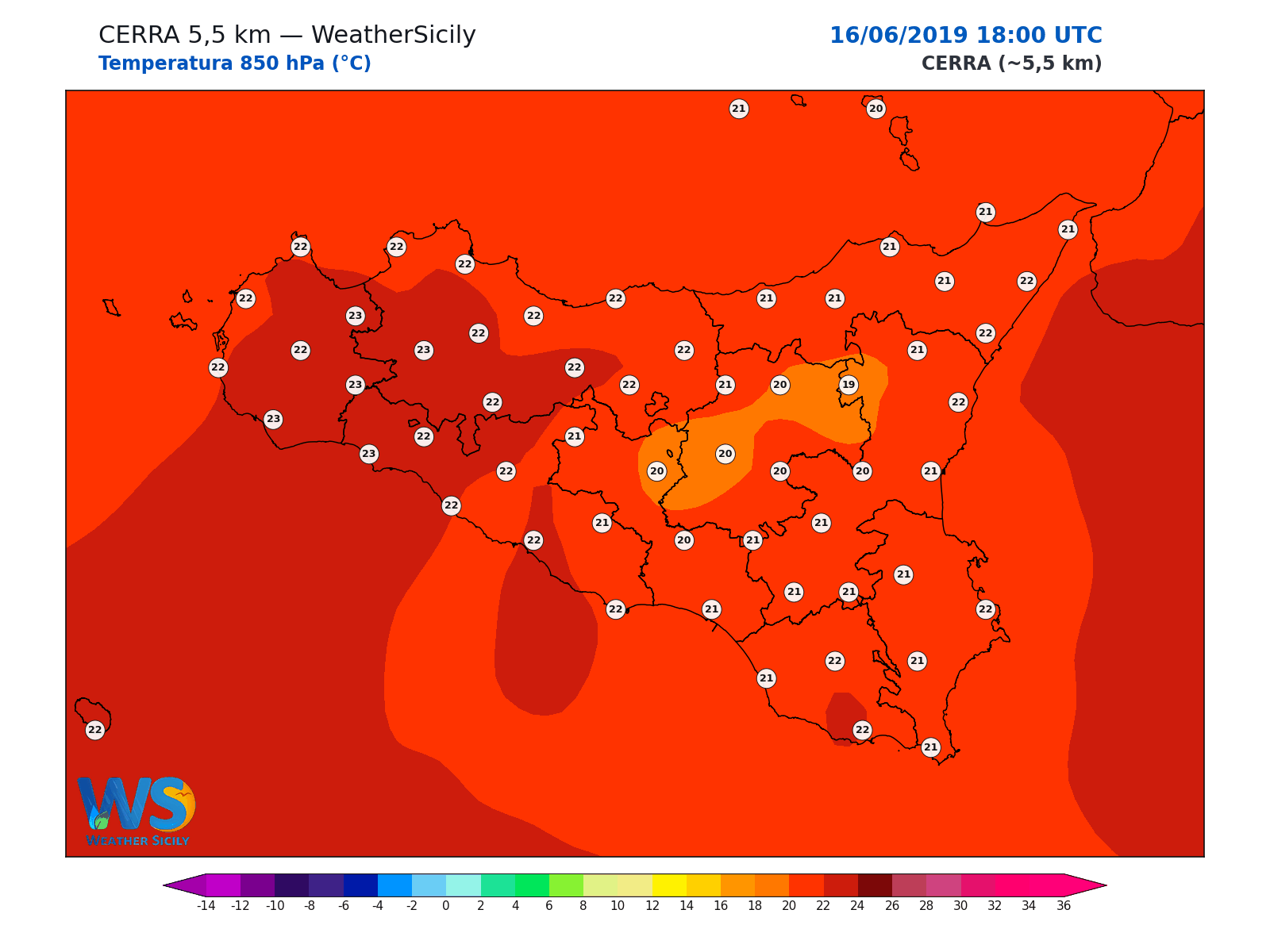 Temperatura a 850 hPa · 2019061618
