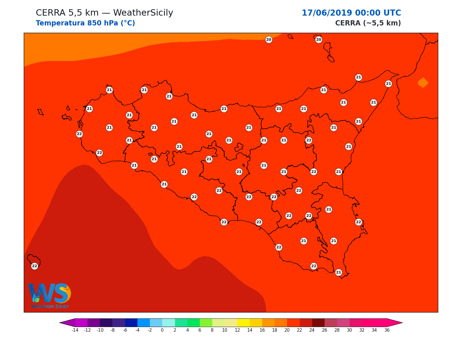 Temperatura a 850 hPa · 2019061700