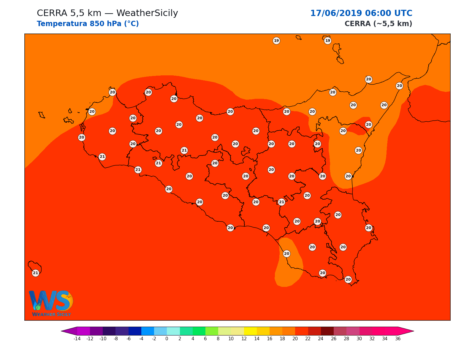 Temperatura a 850 hPa · 2019061706