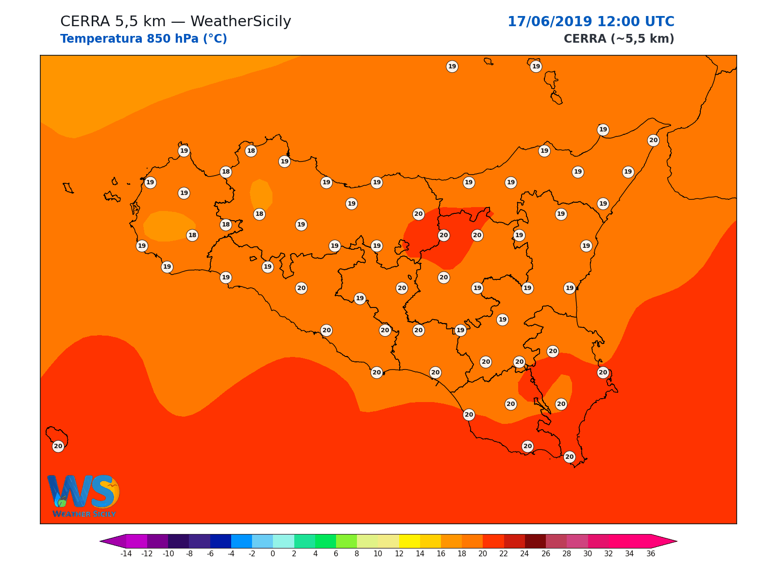 Temperatura a 850 hPa · 2019061712