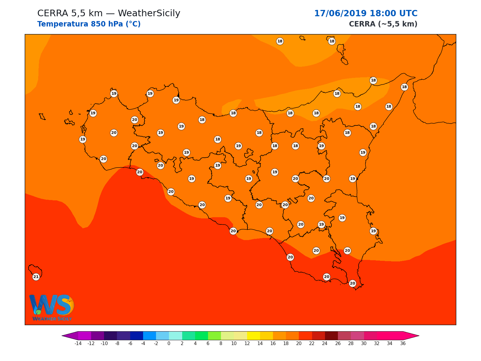 Temperatura a 850 hPa · 2019061718