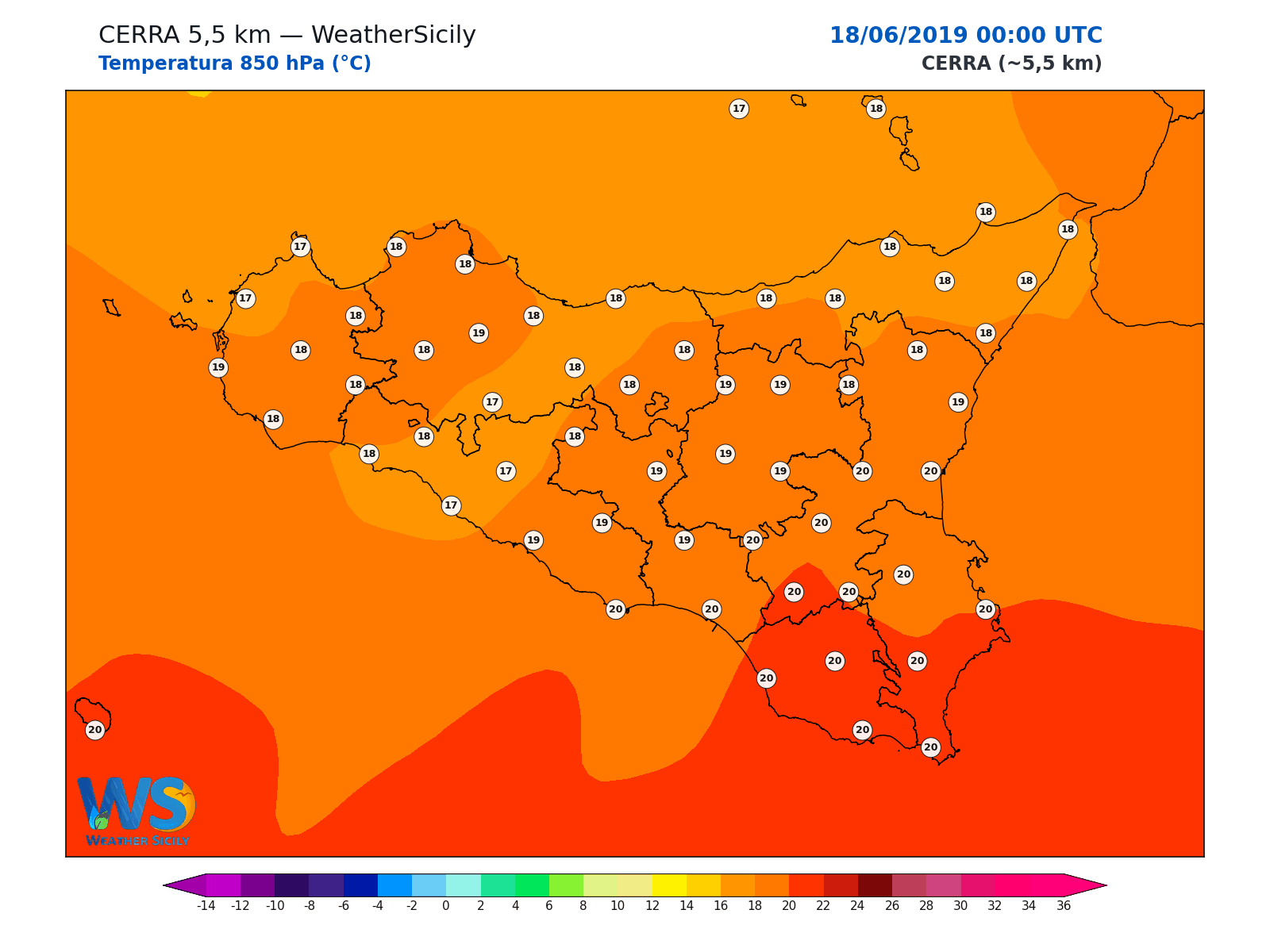 Temperatura a 850 hPa · 2019061800
