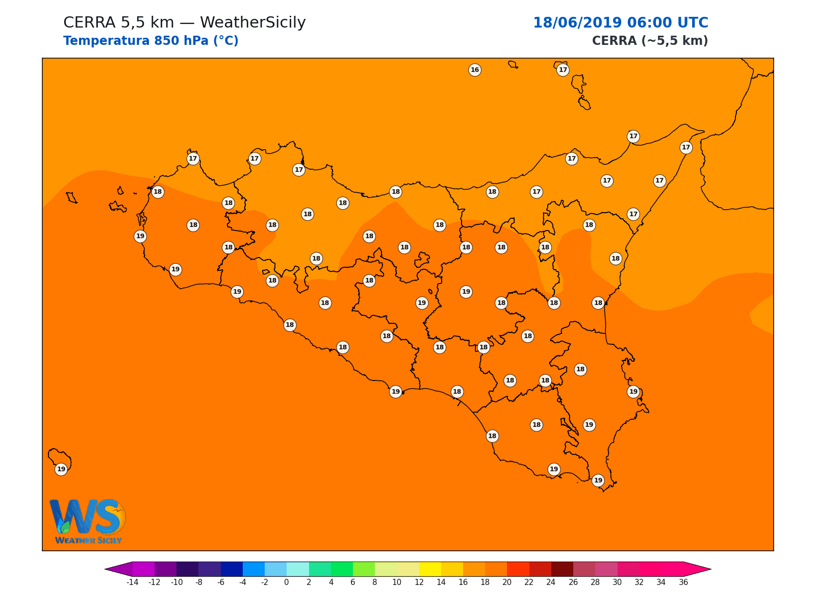 Temperatura a 850 hPa · 2019061806