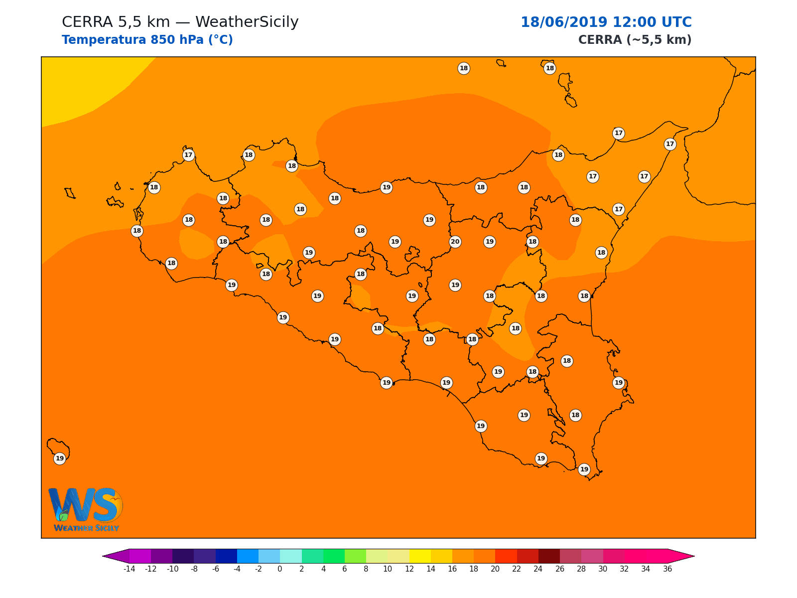 Temperatura a 850 hPa · 2019061812