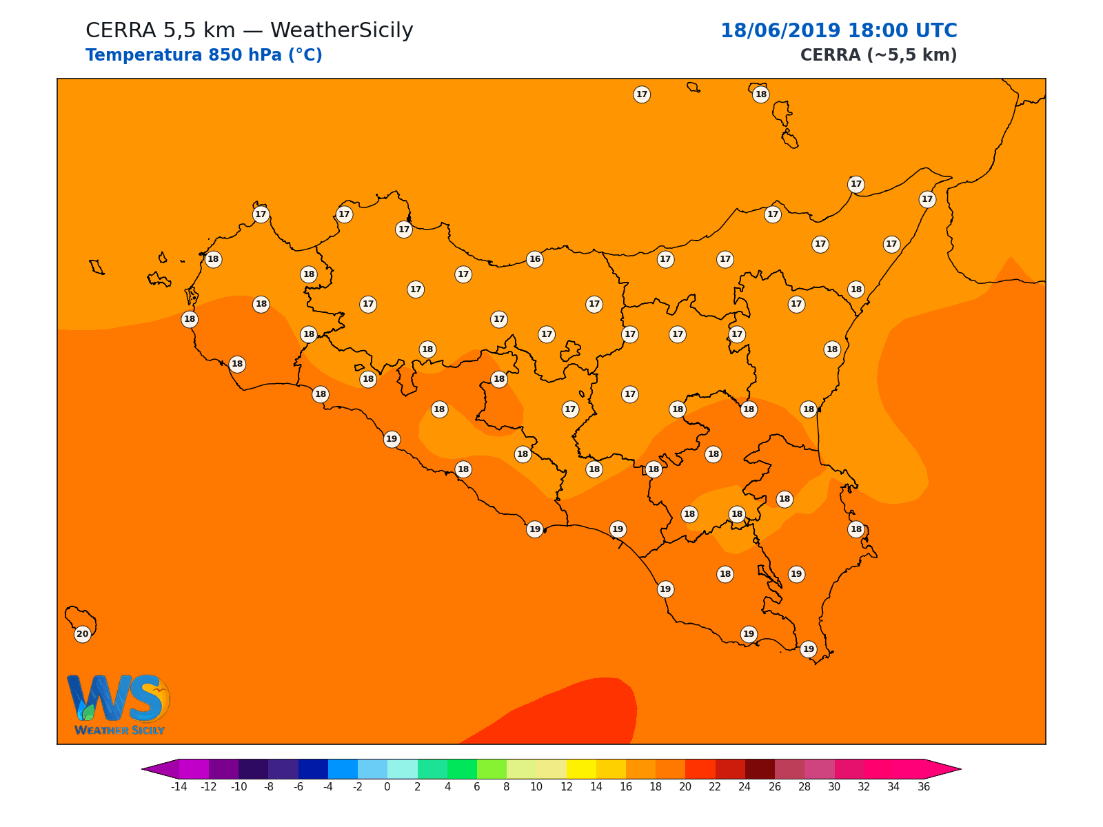 Temperatura a 850 hPa · 2019061818