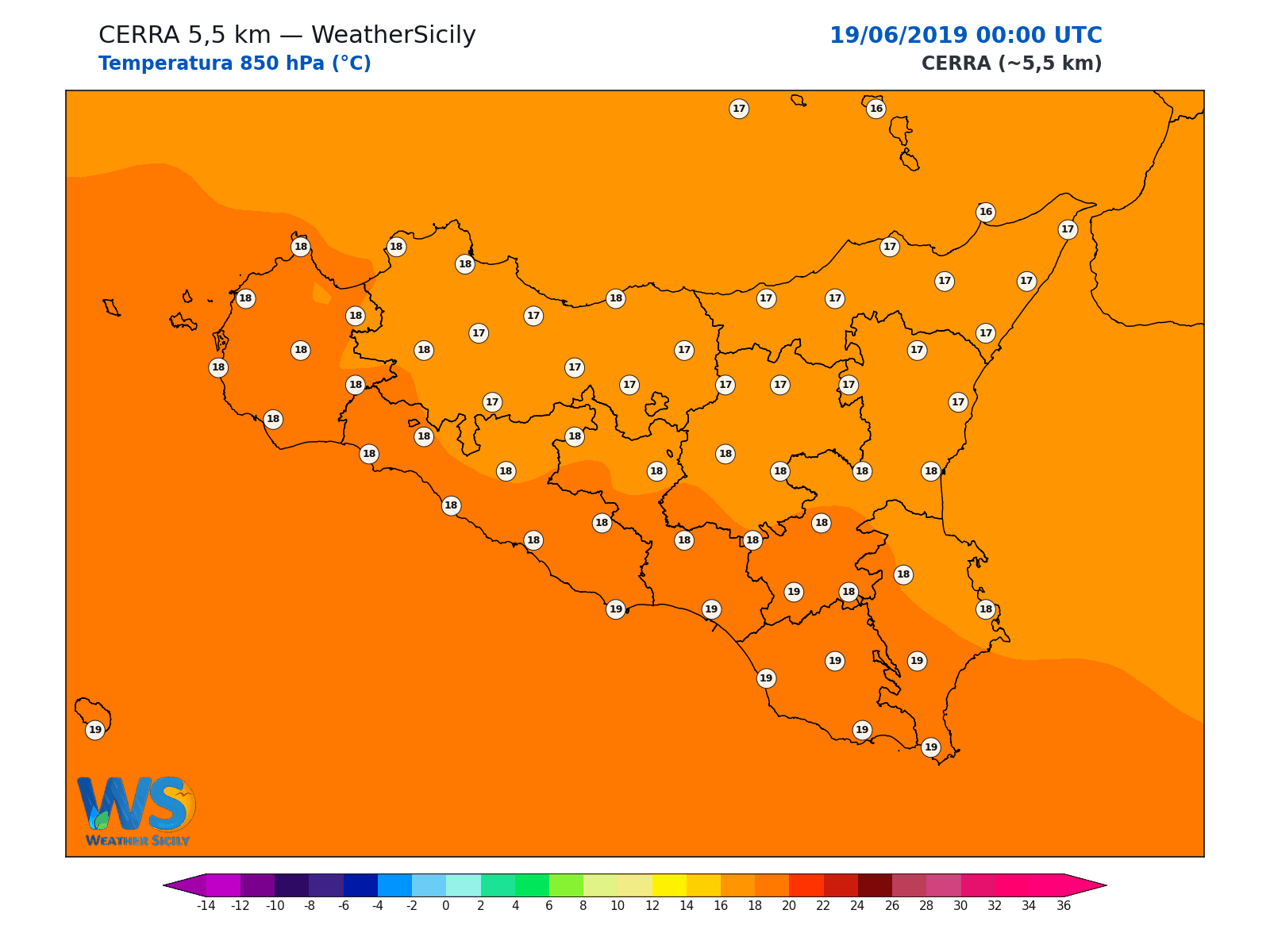 Temperatura a 850 hPa · 2019061900