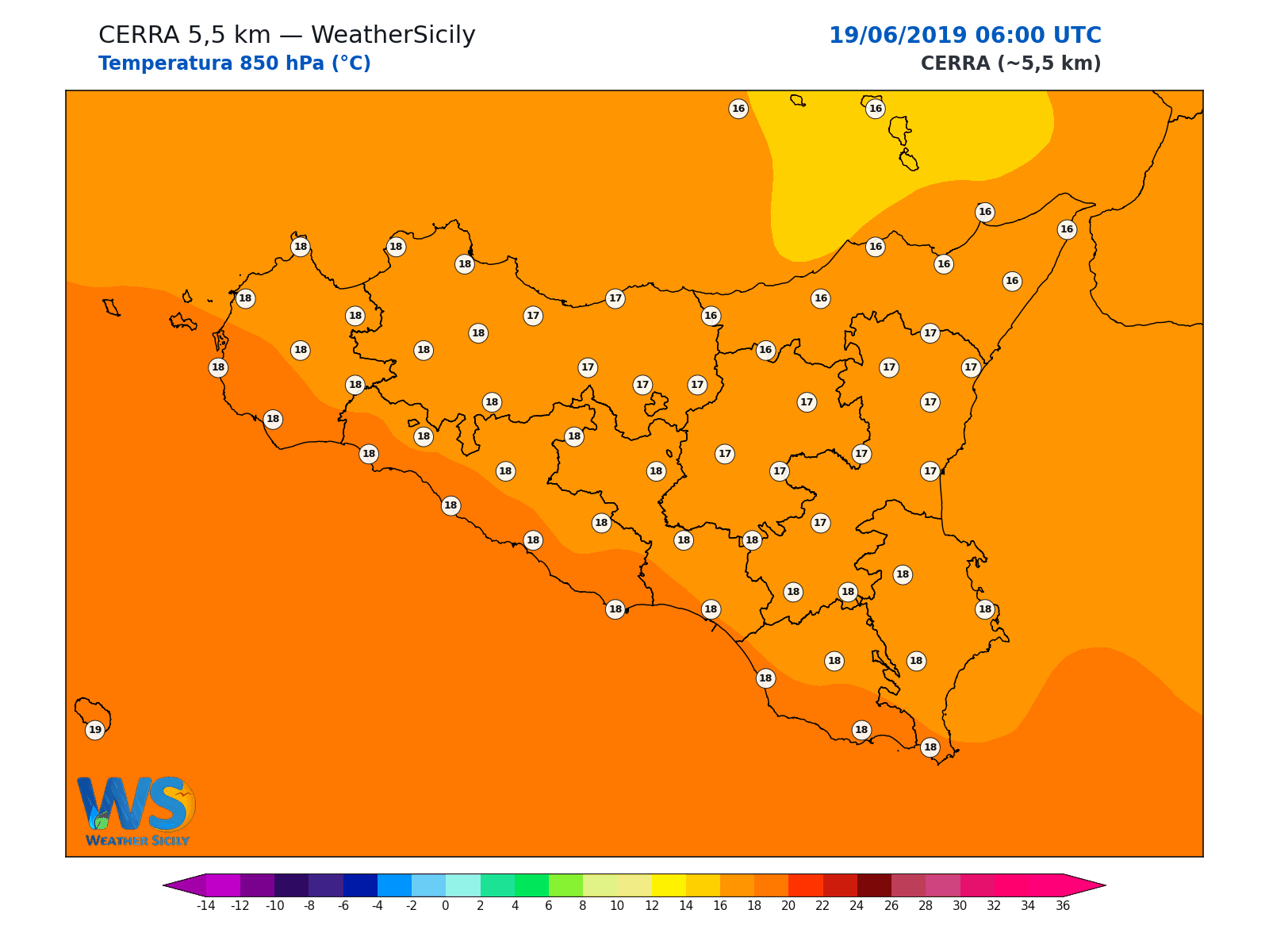 Temperatura a 850 hPa · 2019061906