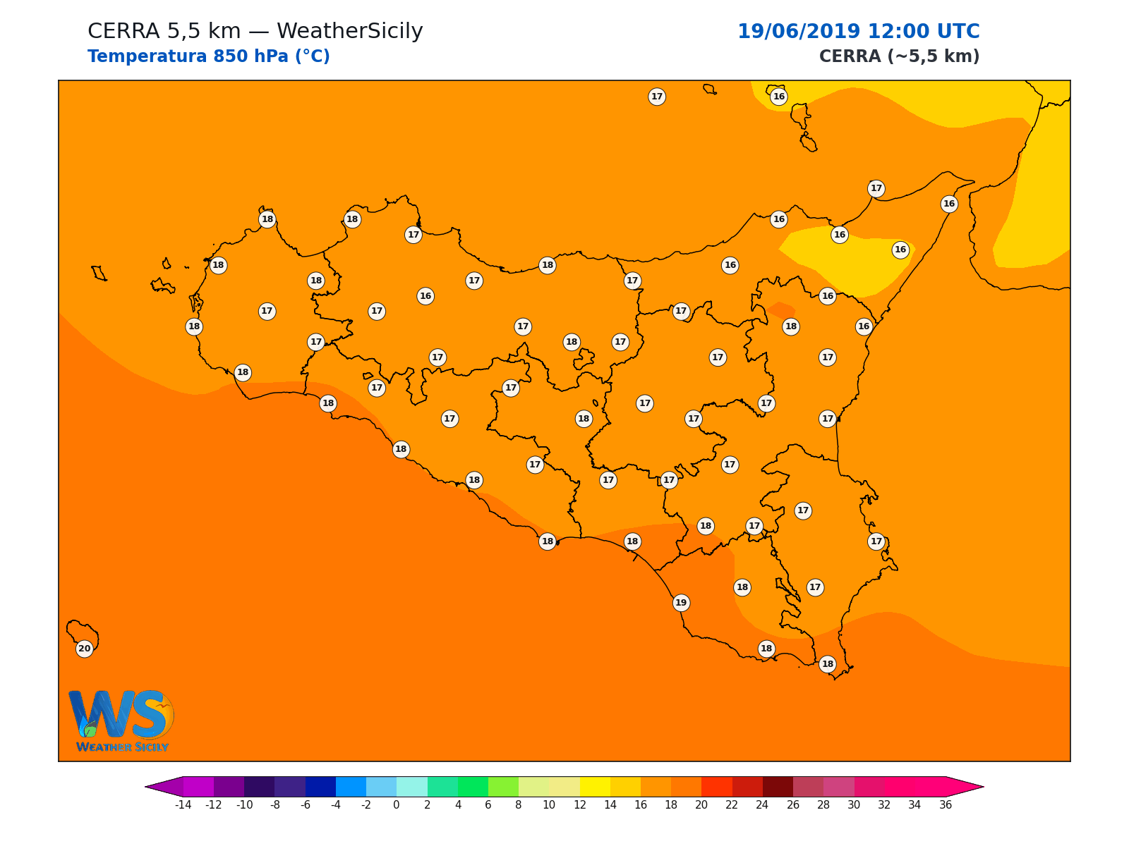 Temperatura a 850 hPa · 2019061912