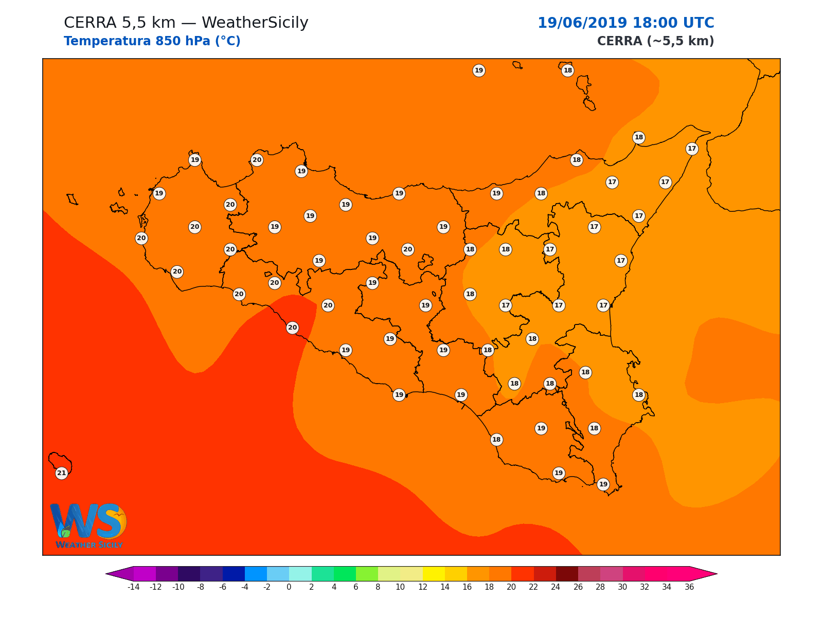 Temperatura a 850 hPa · 2019061918